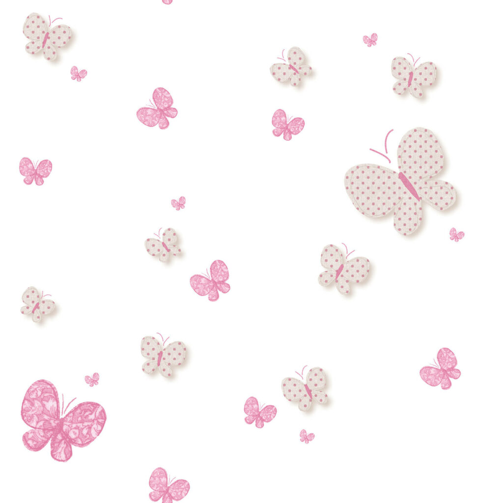 Playful Pink Butterfly Wallpaper with Polka Dots & White Background