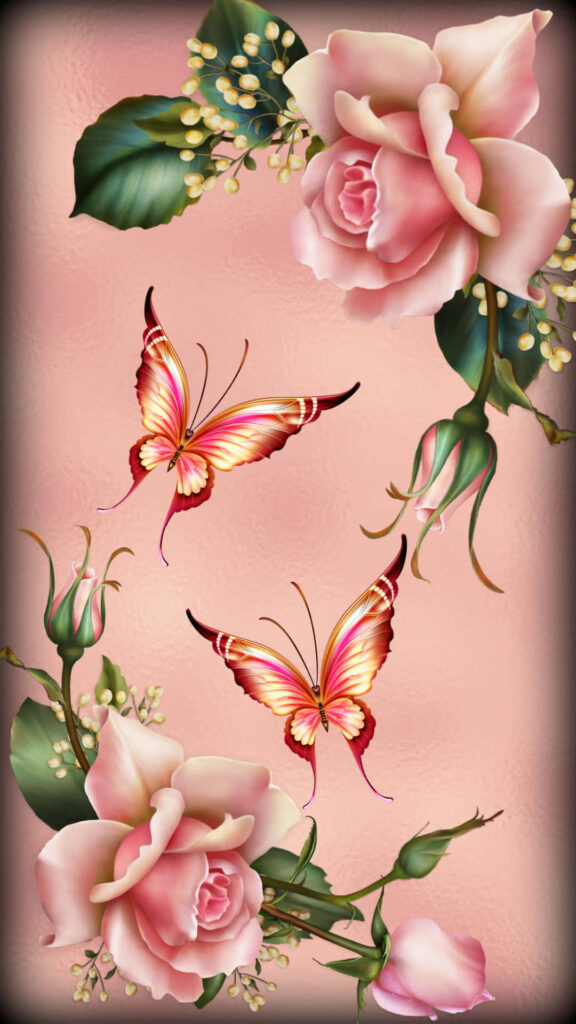 Delicate Pink Roses & Butterflies Wallpaper on Soft Peach Background