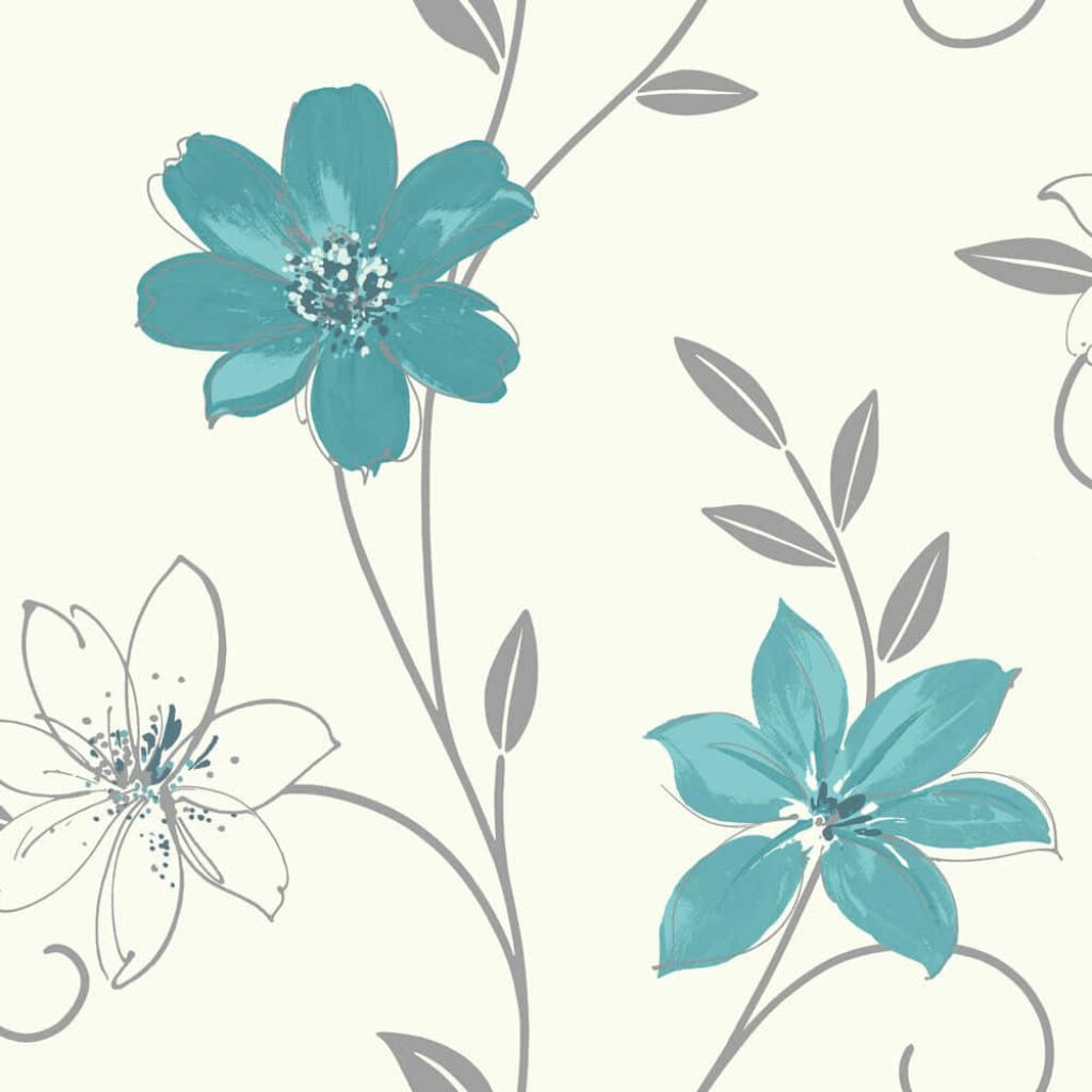Serene Teal Flower Wallpaper with Elegant Line Accents