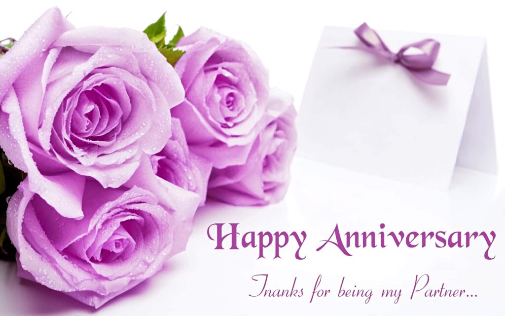 Delicate violet rose flowers with a ribboned card anniversary wallpaper background design