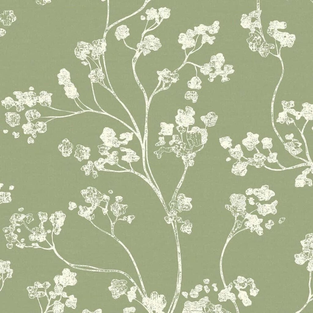 Delicate White Floral Wallpaper on Light Sage Green Background
