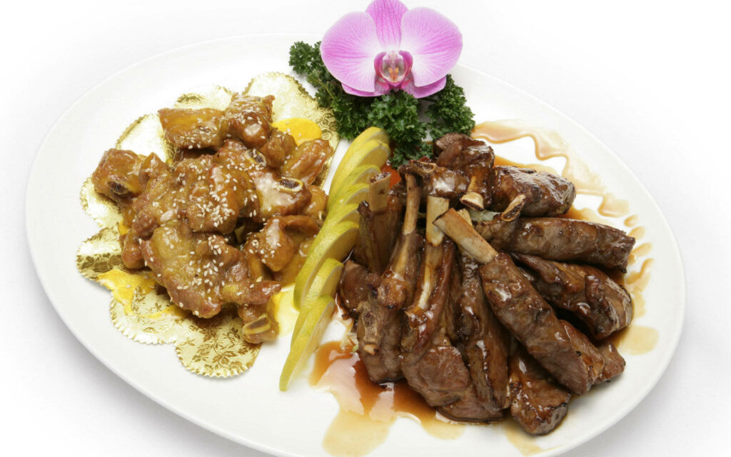 Elegant 4K Wallpaper: Glazed Pork Ribs with Orchid & Pickled Veggies