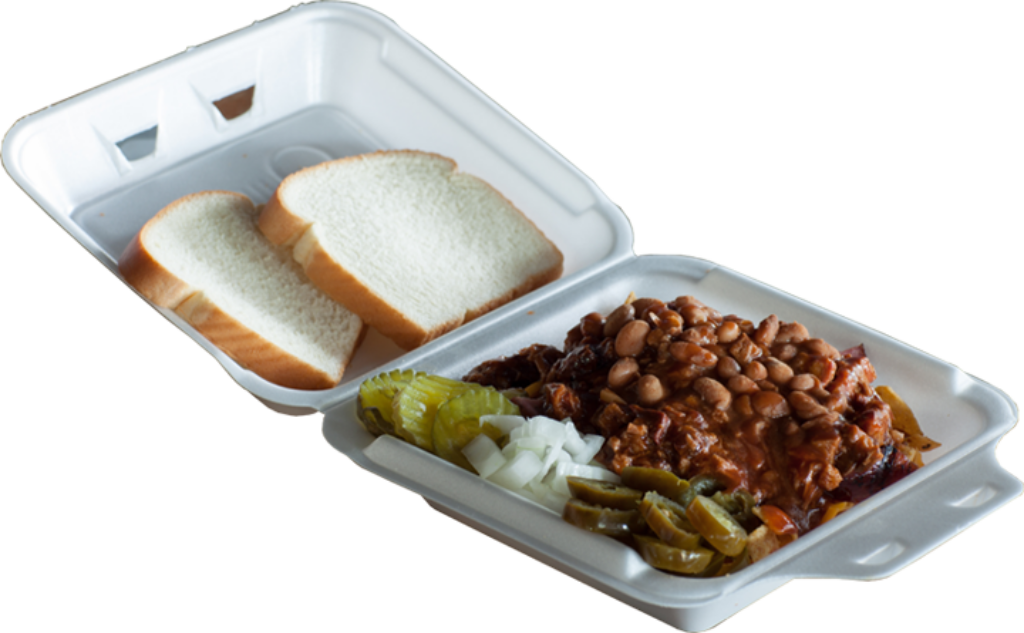 Delicious BBQ Meal in Styrofoam: Baked Beans, Meat & Sides Wallpaper