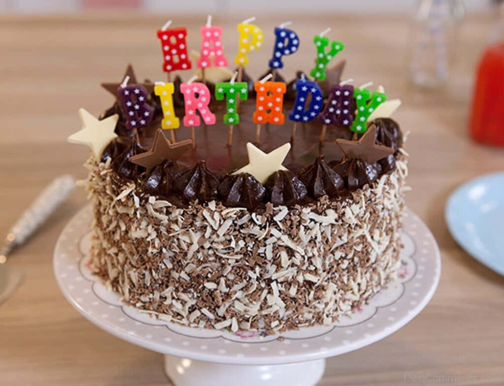 Festive Birthday Cake Wallpaper with Candles & Chocolate Decor