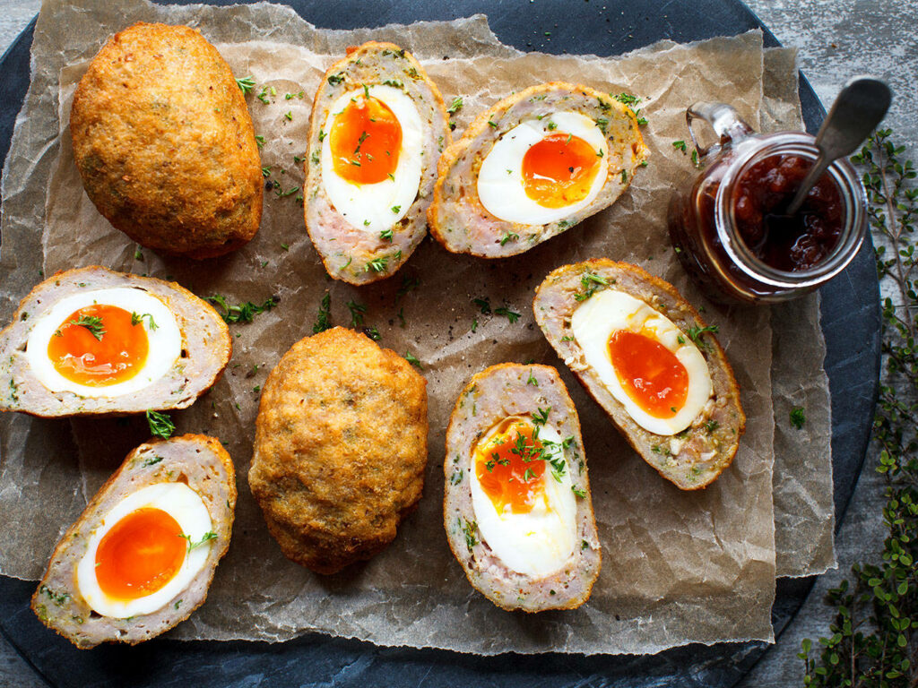 Delectable British Scotch Eggs: Crispy, Golden, and Chutney Served Wallpaper