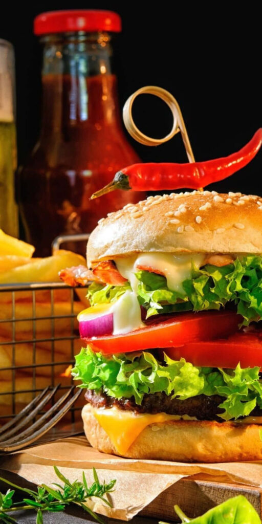 Delicious Burger with Fresh Ingredients & Fries Wallpaper Background