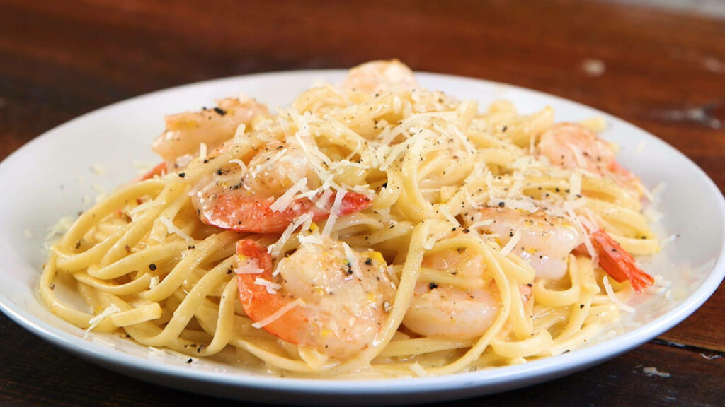 Delicious Cacio e Pepe Pasta with Shrimp - Beautiful Wallpaper Background
