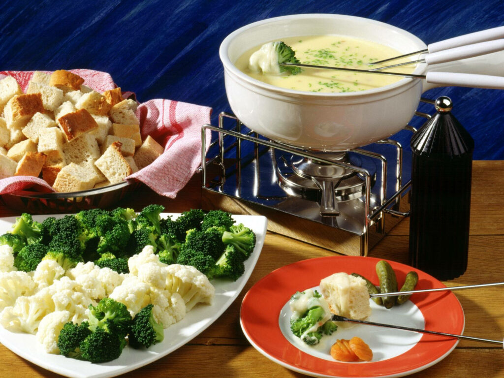 Delicious Cheese Fondue Wallpaper: Broccoli, Bread & Pickles Delight