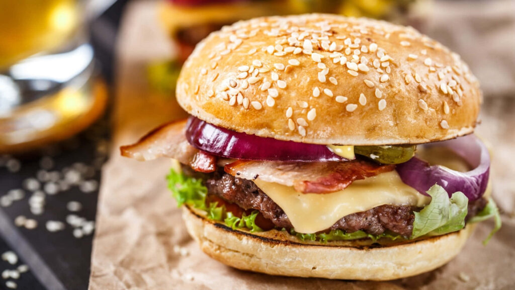 Delicious Cheeseburger Wallpaper: Bacon, Lettuce & Pickles Delight