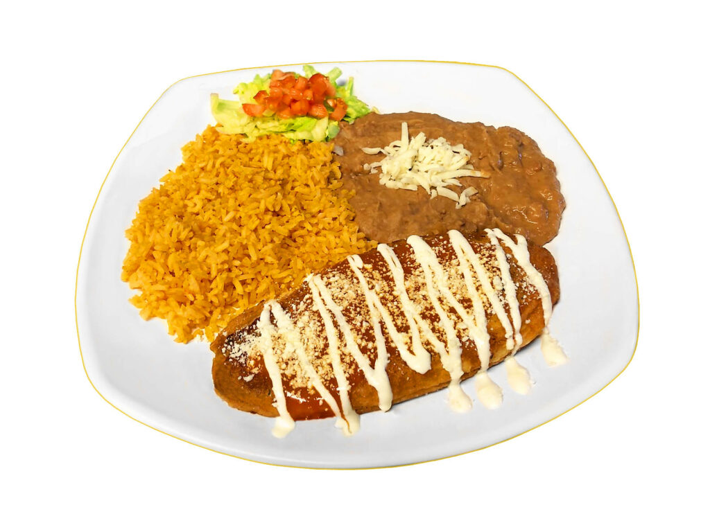 Delicious Chili Relleno Meal with Refried Beans & Rice Wallpaper