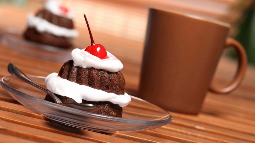 Indulgent Chocolate Cake Dessert with Cream & Cherry - Wallpaper