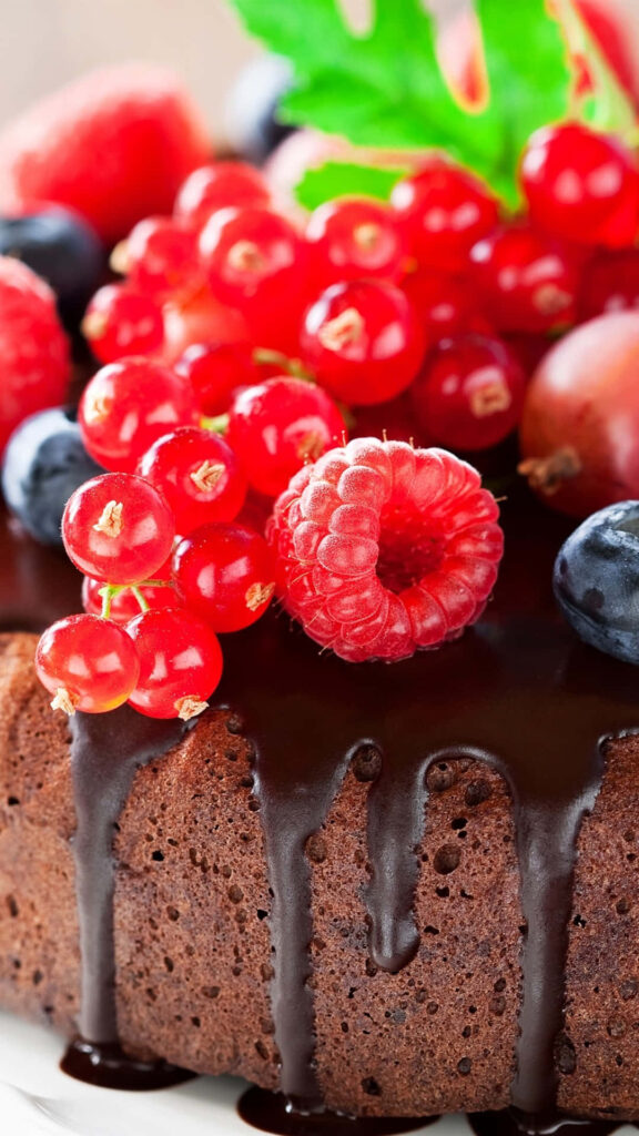 Rich Chocolate Cake Wallpaper with Fresh Berries for iPhone