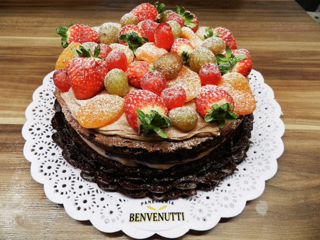 Elegant Chocolate Cake Wallpaper with Fresh Berries & Fruits