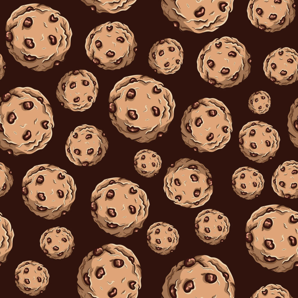 Seamless playful chocolate chip cookie pattern on dark brown cartoon wallpaper background