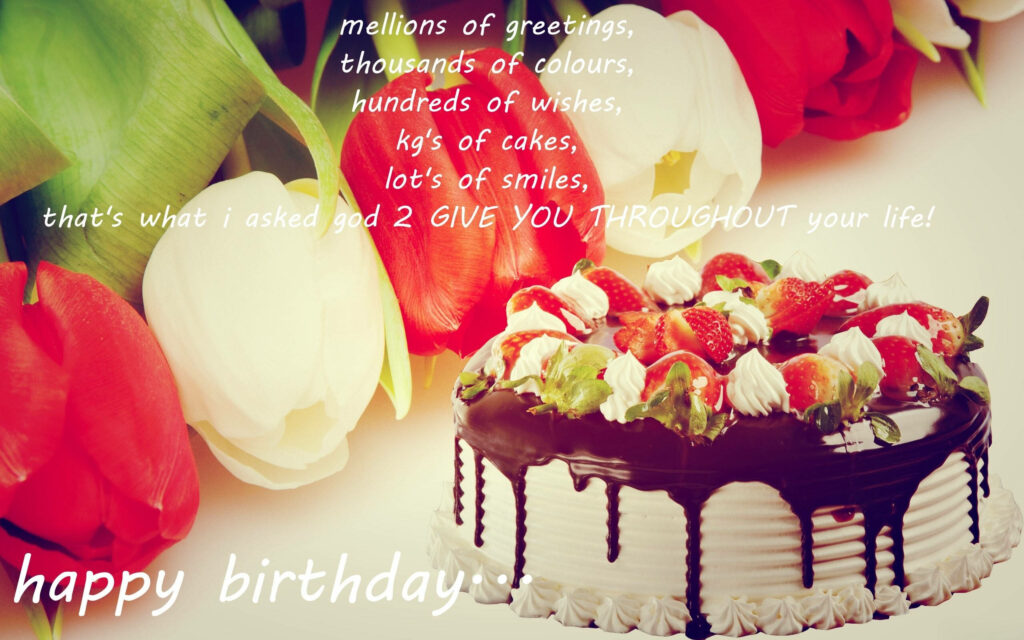 Chocolate Drip Cake with Strawberries & Flowers | Birthday Wallpaper