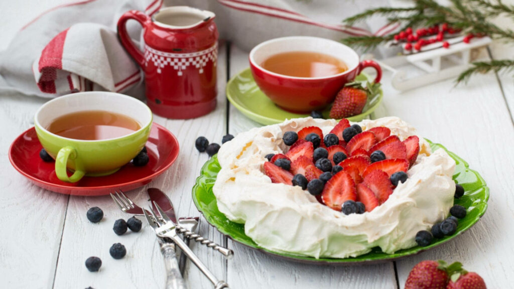 Delightful Dessert Wallpaper: Meringue, Berries & Tea Background