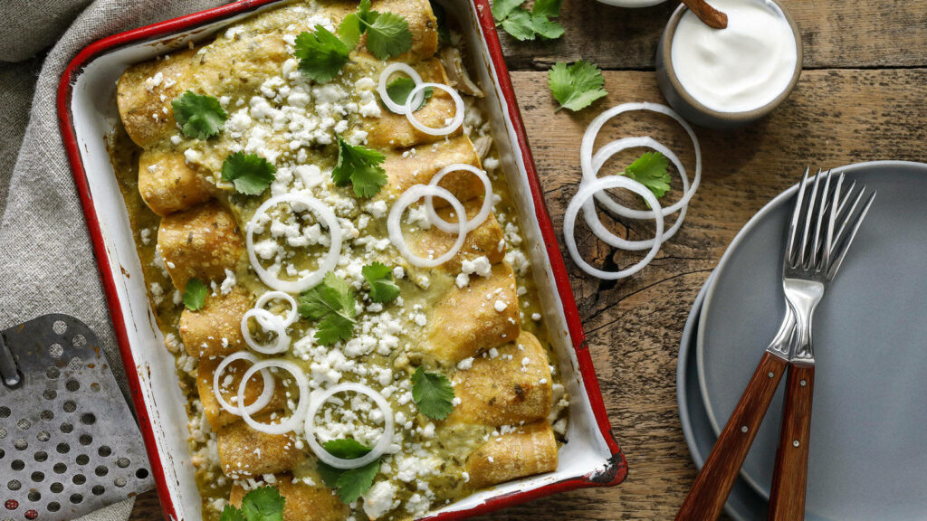 Delicious Enchiladas with Onion Rings & Sour Cream - Rustic Wallpaper