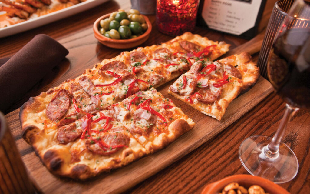 Flatbread Pizza with Pepperoni & Wine - Rustic Dining Wallpaper