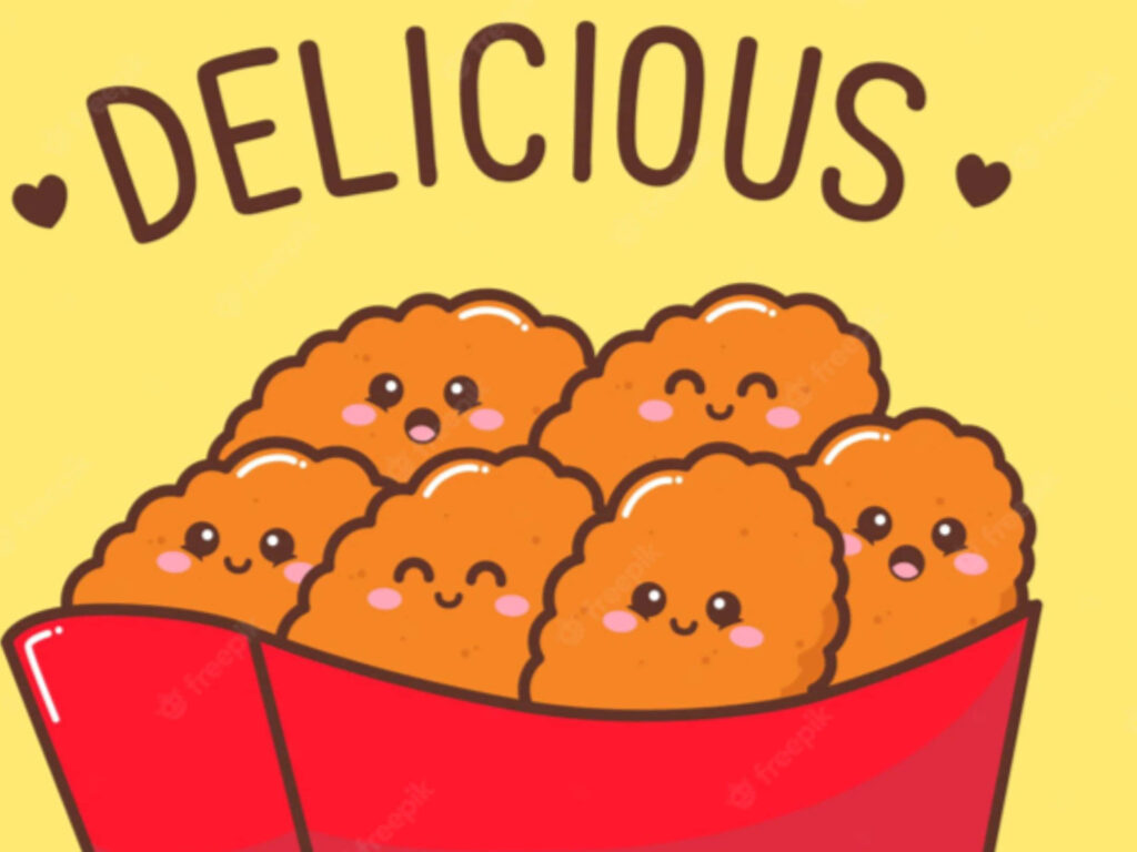 Cute wallpaper of golden chicken wings with happy faces and delicious text on yellow background