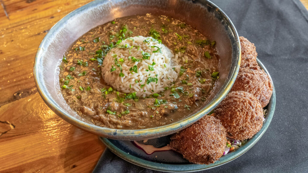 Delicious Gumbo with Rice & Herb Garnish - Crispy Meatballs Wallpaper