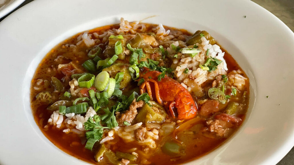Delicious Gumbo Soup Bowl Wallpaper: Seafood & Veggies Delight
