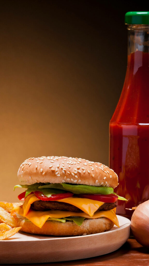 Vibrant Hamburger Wallpaper: Cheese, Fries & Hot Sauce Delight