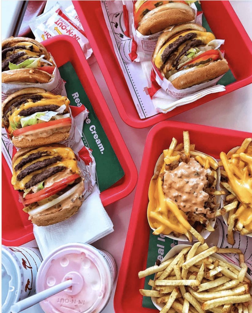 In-N-Out Burger wallpaper with Double-Double burgers Animal Style fries and milkshake top-down view