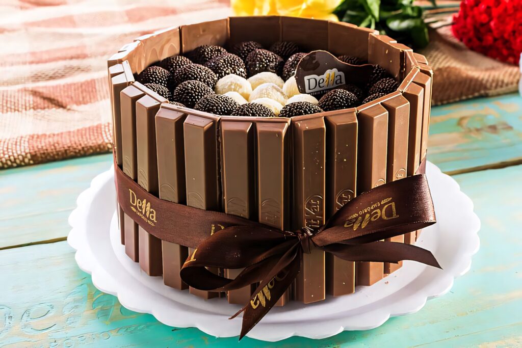 Vibrant KitKat chocolate cake wallpaper with ribbon and assorted chocolate truffles dessert background