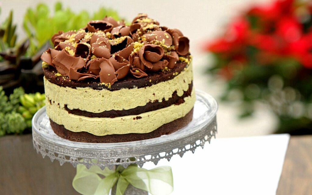 Decadent Chocolate Layer Cake Dessert - Elegant Glass Stand Wallpaper