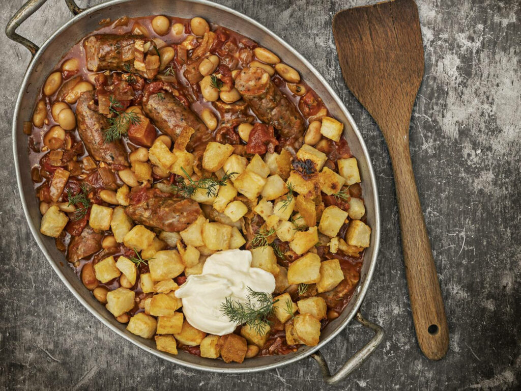 Rustic Meat Sausage Cassoulet with Crispy Potatoes Wallpaper