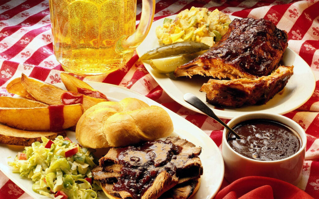 Meaty Lunch Wallpaper: Tender Ribs, Juicy Burgers & Crispy Fries