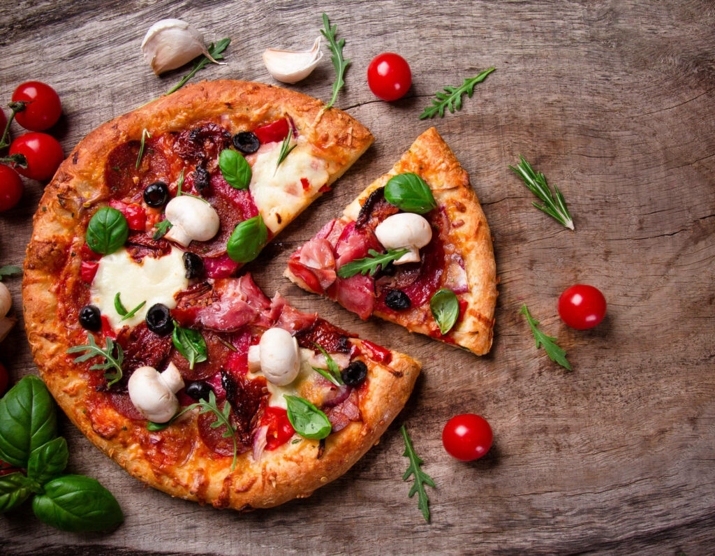 Delicious Rustic Pizza Wallpaper with Fresh Ingredients & Cherry Tomatoes