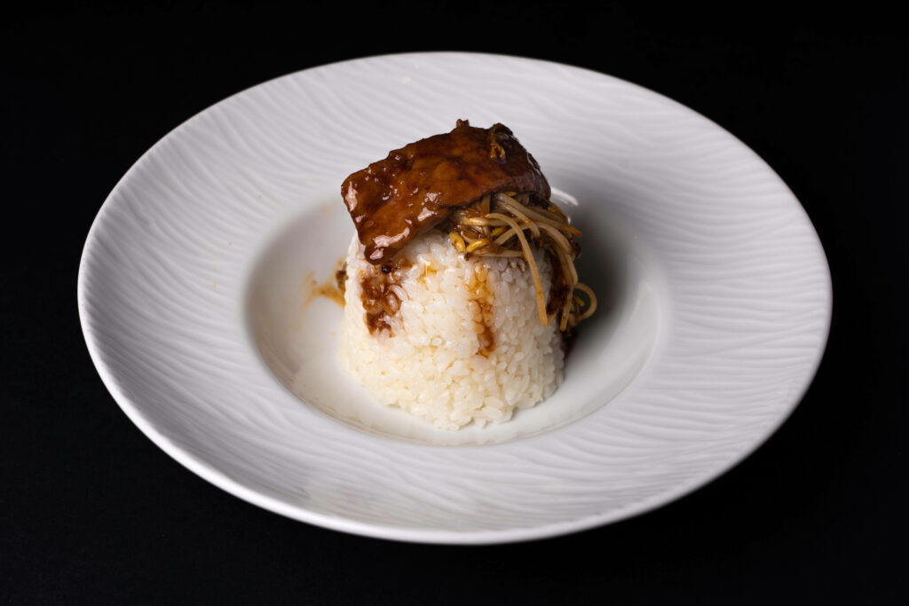 Elegant Rice Dish with Meat & Mushrooms on Dark Wallpaper Background