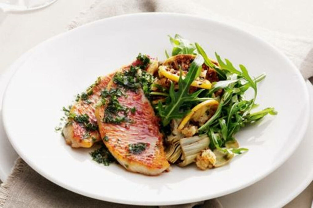 Exquisite Seared Mullet Fillet with Fresh Salad - Elegant Wallpaper