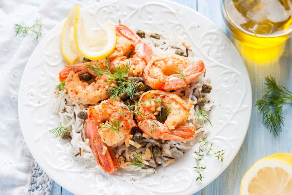 Vibrant Shrimp Rice Dish with Fresh Herbs & Lemon - Wallpaper Image