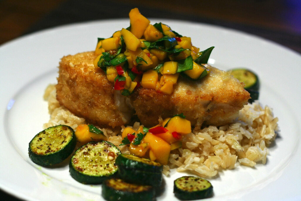 Traditional Spanish Fried Halibut with Mango Salsa & Grilled Zucchini Wallpaper