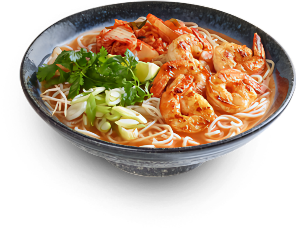 Spicy Prawn Noodle Soup in Ceramic Bowl - Stunning Wallpaper Background
