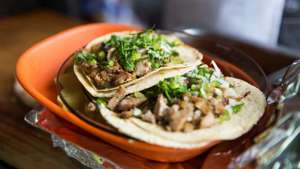 Tacos Al Pastor Close-Up: Fresh Tortillas, Cilantro & Onion Wallpaper