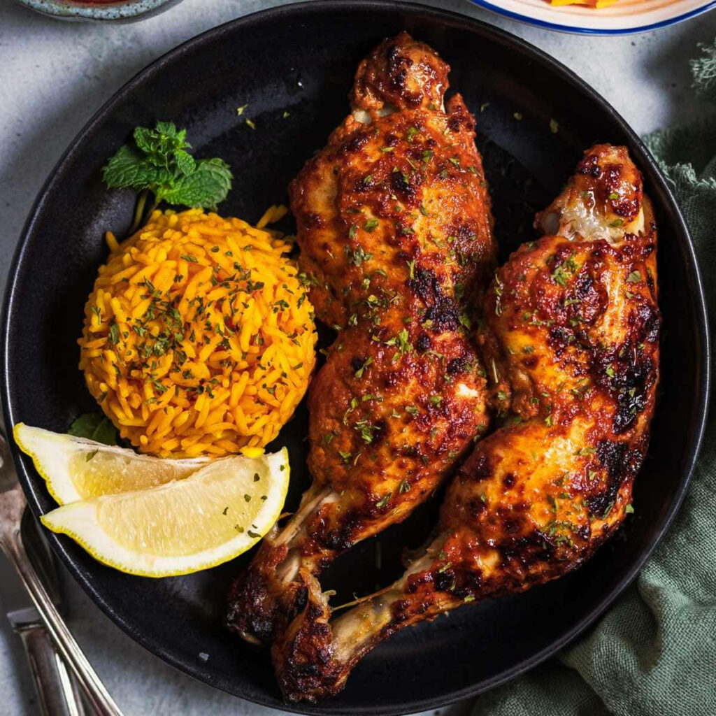Delicious Tandoori Chicken Wallpaper with Yellow Rice & Fresh Herbs