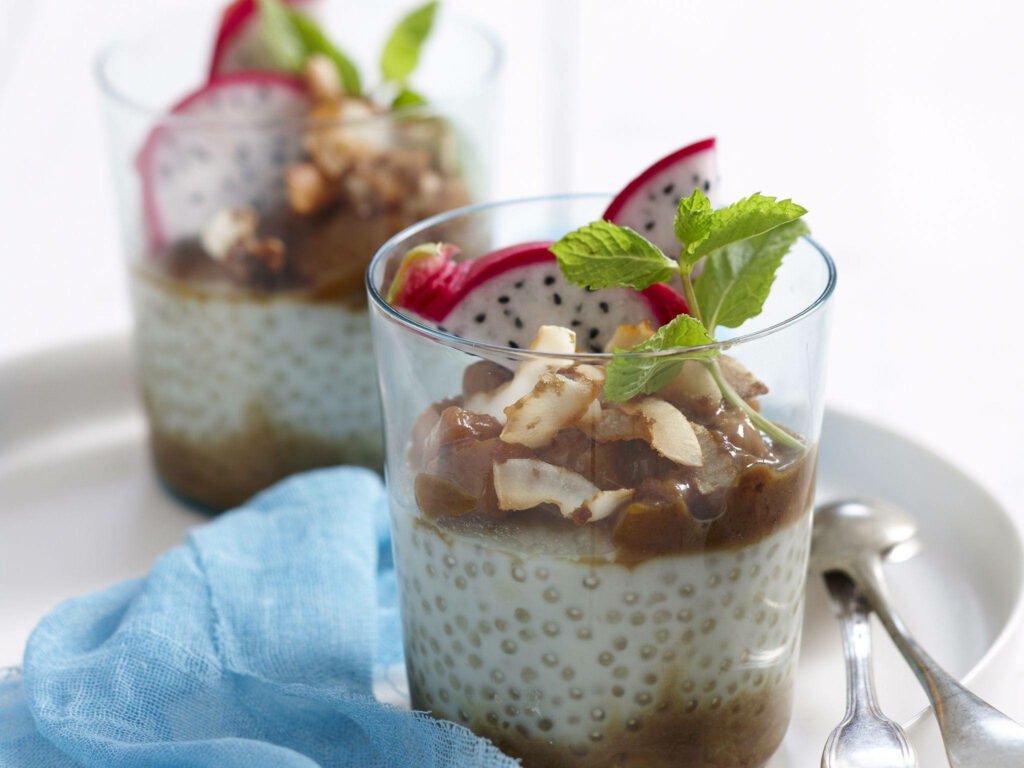 Delicious Tapioca Pudding Dessert Wallpaper with Dragon Fruit & Mint