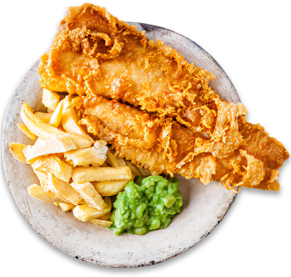 Crispy Fish and Chips with Mushy Peas - Rustic Wallpaper Background