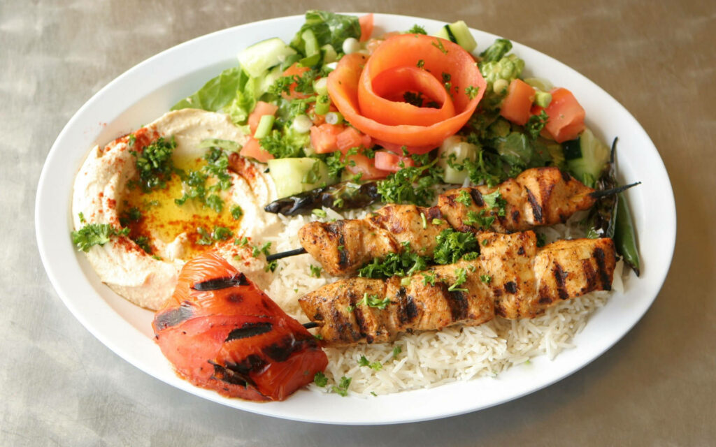 Delicious Turkish Kebab Meal Wallpaper: Grilled Skewers & Sides