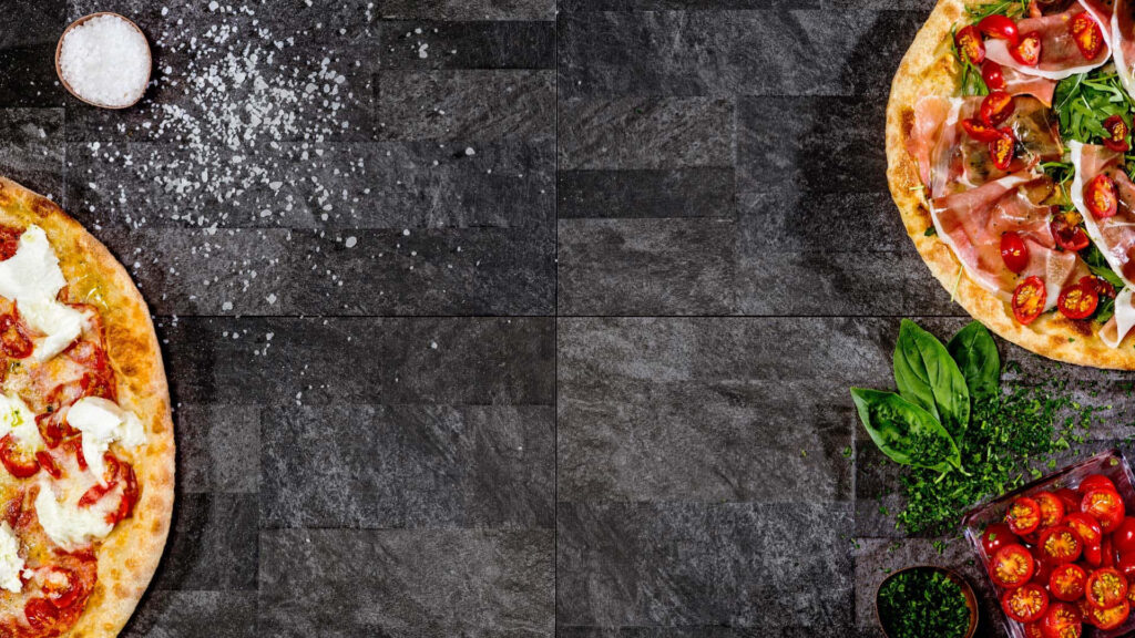 Fresh Vegetable & Meat Pizza Wallpaper on Dark Texture Background