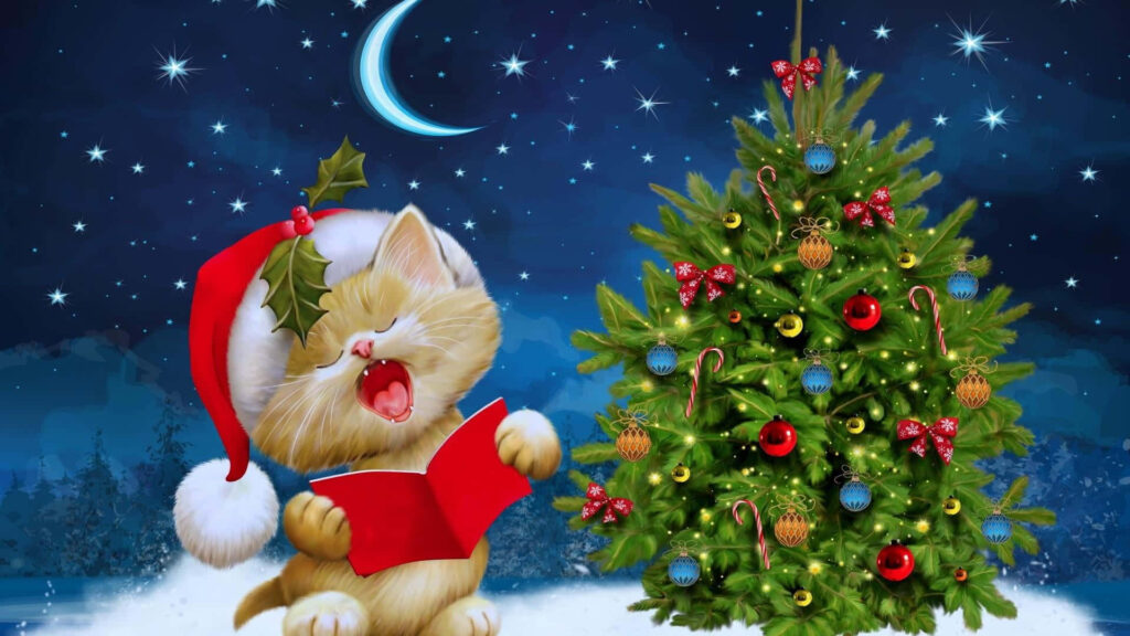 Winter Wonderland: Embrace the Festive Spirit with a Charming Christmas Scene, Vibrant Snowflakes, a Decorated Holiday Tree, and an Adorable Polar Bear in a Cozy Red Scarf Wallpaper