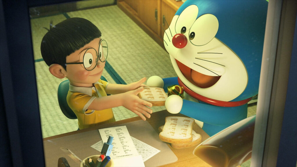 Heartwarming 3D Wallpaper: Nobita & Doraemon's Sandwich Moment