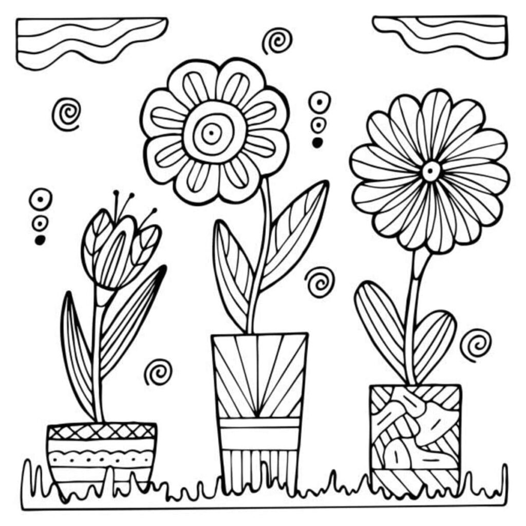 Abstract Line Art Wallpaper: Potted Flowers for Creative Coloring