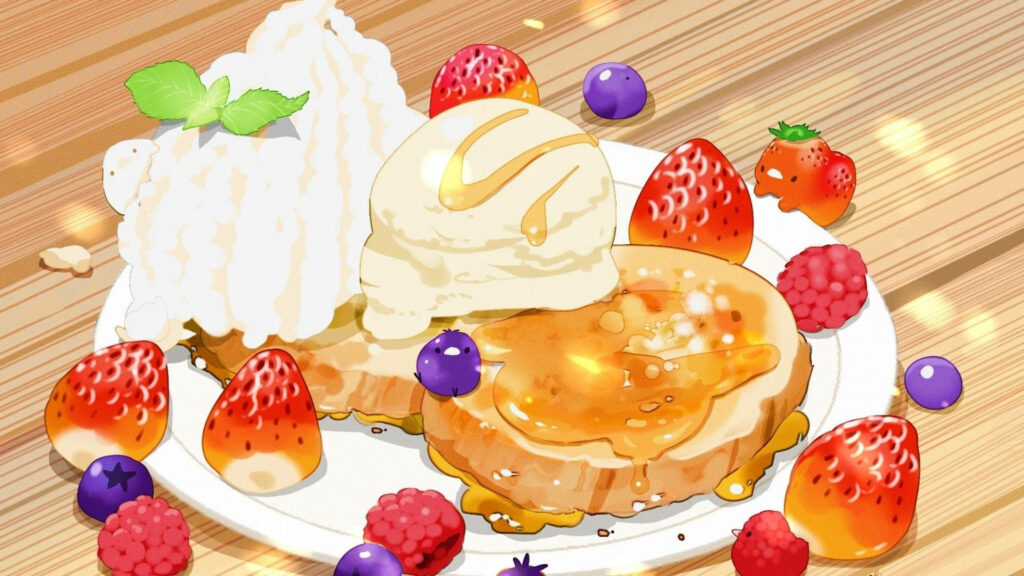 Anime-Inspired Dessert Wallpaper: Fluffy Pancakes & Fresh Berries