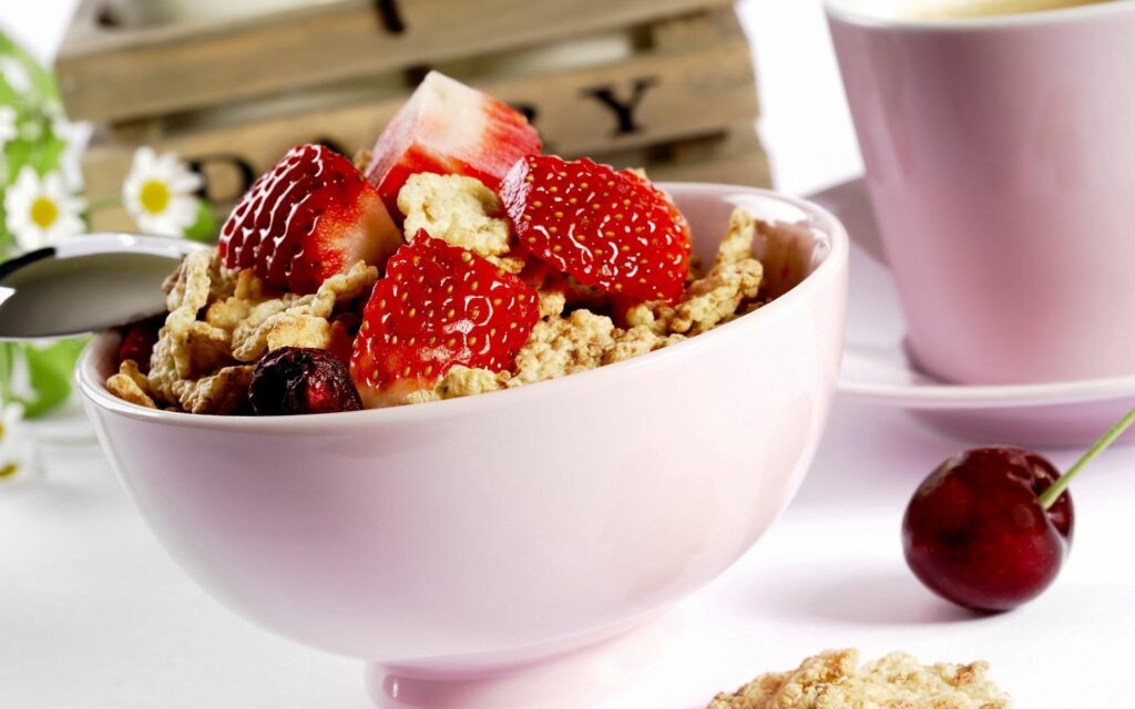 Pastel Breakfast Wallpaper: Cereal Flakes with Strawberries & Coffee