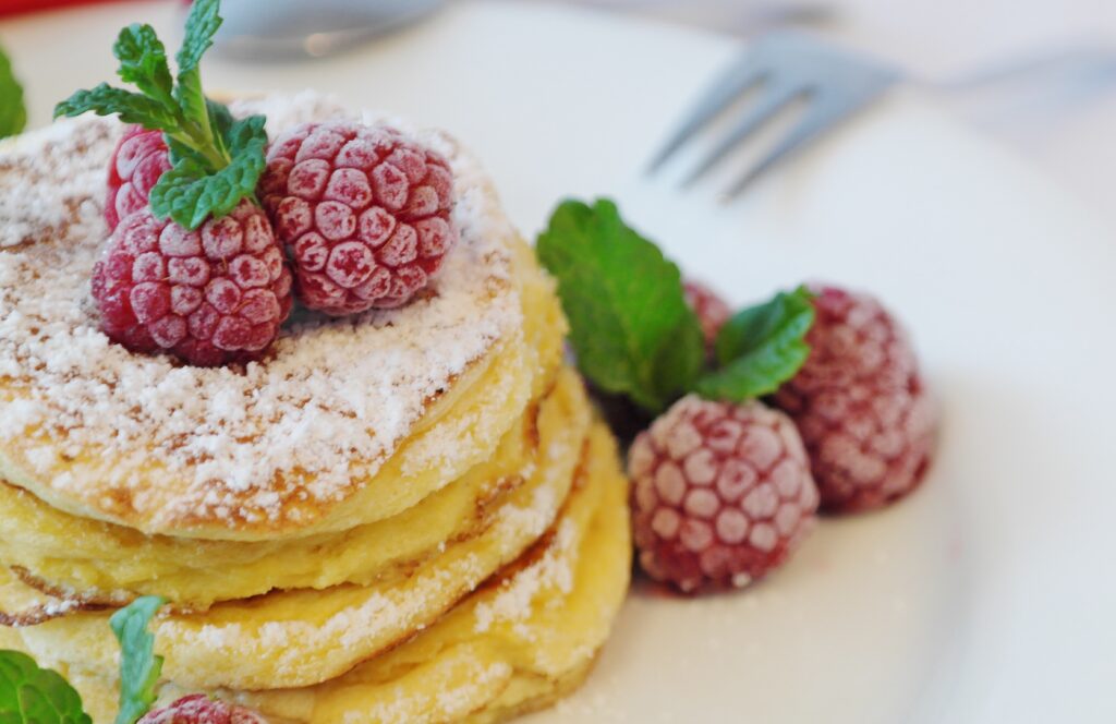 Delightful Breakfast Wallpaper: Fluffy Pancakes & Raspberries