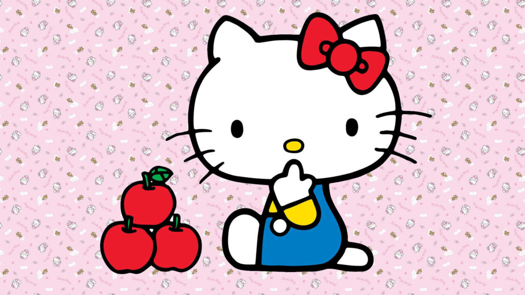Delightful Hello Kitty: A Playful Pose with a Healthy Apple Snack! Wallpaper